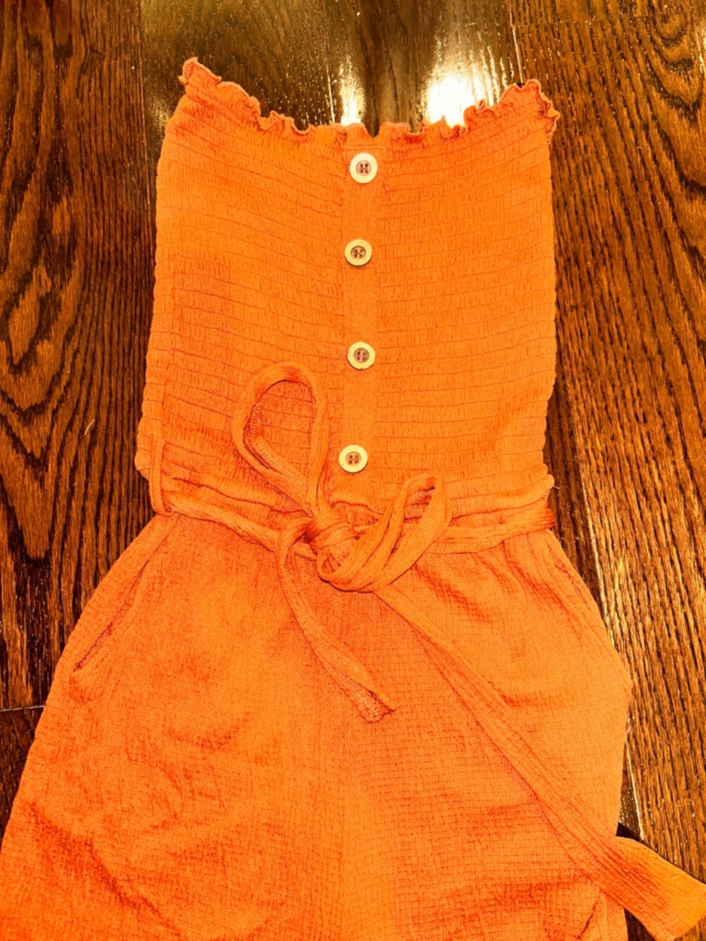 Burnt Orange Strapless Button Front Fitted Romper with Waist Tie